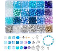 PH PandaHall 944pcs Kit de Perles de Verre Bleu Violet 18 styles 8mm Perles Rondes Transparentes Perle D'Espacement en Vrac Pendentif Breloque en Argent Accessoires de Bijoux pour Colliers Bracelets