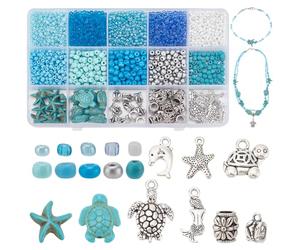 PH PandaHall 980pcs Kit Perles D'Été de Océan Perles de Tortue Turquoise Perles de Rocaille Bleues avec Breloques D'Étoiles de Mer Marines Perle en Métal pour Hawaïen Bracelet Collier Bijoux Artisanat