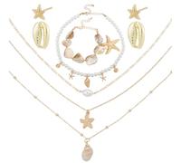 PH PandaHall Bijoux Coquillage et Étoile de Mer 7pcs Halloween Collier Bracelet Boucles D'Oreilles Coquillage Parure de Bijoux Sirène D'Été Hawaïens Accessoires de Costume de Sirène pour Femmes, Doré