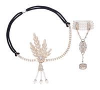 PH PandaHall Coiffe de Flapper des Années 1920 avec Bracelet, Médaille de Feuilles en Pierres Brillantes Bandeau, Bracelet de Perles Blanches, Ensemble de Bandeau Vintage pour Soirée Mariage, Doré
