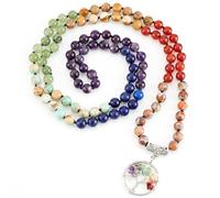 PH PandaHall Collier de 108 perles Mala 7 chakras, Collier Bracelet Enroulé de Perles 8mm, 1m Collier Pendentif Arbre de Vie en Pierre Naturelle Mélangée avec Chaîne de Perles Rondes, Bijoux de Yoga