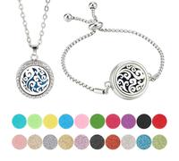 PH PandaHall Collier et Bracelet Diffuseur D'Huiles Essentielles en Acier Inox Pendentif Ajustable Médaillon Rond et Plat Creux avec 2 Coussinets Parfumés pour Aromathérapie Cadeau Thanksgiving