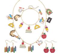 PH PandaHall Ensemble de Bijoux Back To School avec Collier Boucles D'Oreilles et Bracelet Livre de L'Enseignant Arc en Ciel Tableau Noir Pendentifs Boucles D'Oreilles Crayon Appréciez pour Femmes