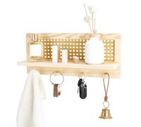 PH PandaHall Étagère Murale en Rotin, Étagère Murale Rustique en Bois avec Crochets, Porte-Clés Décoratif en Bois avec Étagère Flottante pour Entrée Salon, 40x17cm