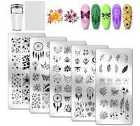 PH PandaHall Kit de Plaques D'Estampage de Ongles avec Tampon en Silicone 5pcs Pochoir en Acier Inoxydable de Nail Art Motif Attrape Rêves Plumes Fantaisie avec Outil Grattoir pour Salon de Manucure