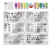 PH PandaHall Kit de Plaques D'Estampage pour Ongles 6pcs Pochoir de Nail Art Motif Plage et Océan Modèle D'Art Impression en Acier Inoxydable avec Tampon en Silicone pour Manucure Salon de Femmes