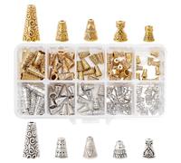 PH PandaHall Lot de 100 capuchons de perles coniques en alliage de style tibétain en forme de fleur - Argenté antique et doré - Pour travaux manuels, boucles d'oreilles, colliers, porte-clés