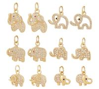 PH PandaHall Lot de 12 breloques en forme d'éléphant en or 18 carats - 6 styles - Pendentifs éléphant porte-bonheur en laiton - Breloques en strass pour boucles d'oreilles, porte-clés, bracelets,