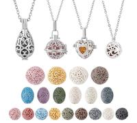 PH PandaHall Lot de 4 colliers diffuseurs d'huiles essentielles avec médaillon d'aromathérapie en acier inoxydable et 26 perles rondes en pierre de lave pour femme, accessoire de bijoux, cadeau