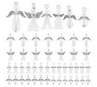 PH PandaHall Lot de 48 breloques en forme d'aile d'ange, perles blanches, chapeaux de fleur avec ailes d'ange en argent antique, pendentifs pour fabrication de colliers, bracelets, bijoux, porte-clés