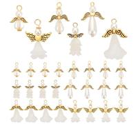 PH PandaHall Lot de 48 breloques en forme d'ailes d'ange, 6 styles, perles blanches en forme de poire avec ailes dorées antiques, pendentifs pour fabrication de colliers, bracelets, bijoux,