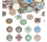 PH PandaHall Lot de 48 breloques rondes et plates en forme de fleur de 18 mm - Pendentifs kaléidoscope en alliage imprimés pour fabrication de bijoux faits à la main - 18 mm, Métal, Pas de gemme