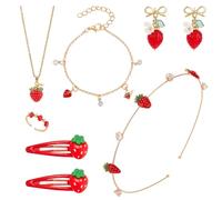 PH PandaHall Lot de 6 bijoux en forme de fraises - Collier, bracelet, boucles d'oreilles - Pinces à cheveux - Fraises rouges - Accessoires mignons pour femme - Cadeaux d'été