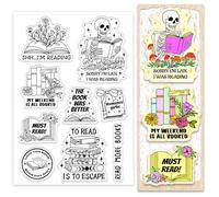 PH PandaHall Tampon Transparent Sur le Thème du Livre de Lecture tampon en Silicone de Livres Motif Squelette de Fleur Tampon en Caoutchouc Transparent pour Scrapbooking Étiquettes Cadeaux Carte