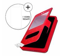PH26 Alcatel U3 2026 Super Pack Etui Housse Folio Rouge Extra Slim X 2 Fenêtres en éco Cuir de qualité + 1 Verre trempé de Protection dureté Maximal