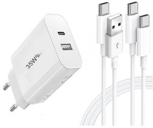 PH26 Ⓡ Chargeur USB-C 35W Compatible avec Cubot Kingkong Star 5G, 2 Ports PD 3.0 QC 3.0 Chargeur Mural Ultra Rapide + 1 Câble USB-C + 1 Câble TC-TC - 1M