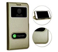 PH26 Coque pour Wiko View 5 Plus Extra Slim X2 Fenêtres en éco Cuir de qualité avec Fermeture Magnétique et Surpiqûres Apparentes - Or Gold
