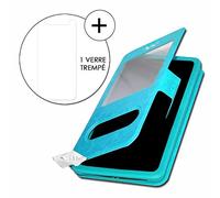 PH26 Logicom Le Up Super Pack Etui Housse Folio Turquoise Extra Slim X 2 Fenêtres en éco Cuir de qualité + 1 Verre trempé de Protection dureté Maximal