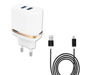 PH26 Super Pack Chargeur + Câble pour Realme C11 Chargeur Mural Ultra-Puissant et Rapide 2X USB 5V / 2,1A + 1A et CÂBLE Micro USB Tressé Nylon 1,3 Mètre Transfert de données, Câble Micro USB - Noir