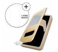 PH26 Wiko Harry 2 Super Pack Etui Housse Folio Noir Extra Slim X 2 Fenêtres en éco Cuir de qualité + 1 Verre trempé de Protection dureté Maximal