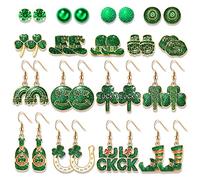 PHALIN Lot de 17/22 paires de boucles d'oreilles pour la Saint-Patrick - Boucles d'oreilles à tige en forme de trèfle à paillettes pour femme - Avec perle verte et cristal - Accessoires cadeaux, Zinc