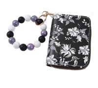 Phamines Porte-clé en forme de portefeuille à motif floral, pochette accordéon, porte-cartes, bracelet en silicone, porte-clés pour femme, floral/noir, taille unique