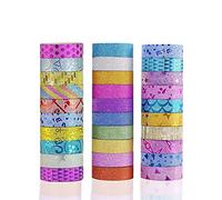 Phantomon Lot de 30 rouleaux de ruban adhésif décoratif pour loisirs créatifs, bricolage, scrapbooking, paillettes Washi Masking tape avec sacs de rangement