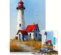 Phare Aquarelle avec Maison au Toit Rouge Puzzle de 1000 pièces pour Adultes Entraînement cérébral Amusant Pièces nettes et sans bavures Activité de Groupe réconfortante (38x52cm)