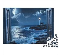 Phare au Clair de Lune Puzzle 1000 Pièces pour Adultes Vue par Fenêtre d'un Océan Éclairé par la Lune et d'un Phare Premium Haute Qualité Robuste Défiant Anti-Stress Jeu Familial 70x50cm/1000pcs
