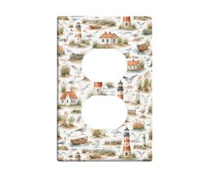Phare - Cache-prises duplex - Plaque murale - Bateau rustique côtier - En plastique bleu d'été - Taille standard - Double prise de courant pour chambre à coucher, salle de bain, cuisine, entrée