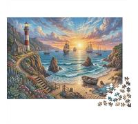 Phare Coucher du Soleil CoastPuzzle Premium 1000 Pièces en Carton Épais Grands navires pour Adolescents 12+ Entraînement Cognitif Activité Intérieure 52x38cm/1000pcs