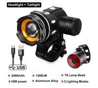 Phare De Vélo Led T6 Rechargeable Par Usb, Phare Arrière Pour Vtt, Zoom Réglable, Accessoires De Bicyclette