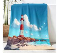 Phare Roche Plage Imprimées Douce Couverture Plaid 100 x 130 cm, Moderne Frais Polaire Flanelle Moelleuse Couverture, Rouge Bleu Chaudes Légères Couvertures pour Voyager Lit Chaise Canapé