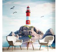 Phare Sea Rock Papier Peint Décoratif, Style Cinématographique Papier Peint En Soie, Convient Pour Les Salons, Les Chambres, Salles De Bains Murs De Bureaux, Durable Bleu Ciel 150X105 Cm