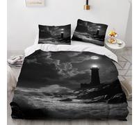 Phare sous la lune Housses couettes,Paysage marin en noir et blanc - Ensembles Housses Couette Microfibre Douce,Vagues déchaînées duvet cover,Amoureux l'océan parure lit 135x200 2 Taies d'oreiller