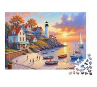 Phare sur la Côte Puzzle 1000 Pièces Puzzle en Papier pour Adultes Bateaux au Coucher du Soleil Jeu de Puzzle Famille Décoration 52x38cm/1000pcs