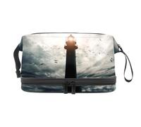 Phare sur la mer orageuse double couche pour femmes et filles, trousse de toilette de voyage, trousse de maquillage pratique avec compartiment à brosse, multicolore, 27x15x14 cm/10.6x5.9x5.5 in,