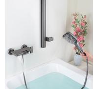 PHASAT Robinet de Baignoire Cascade Mural avec Tringle de Douche Réglable Mitigeur Baignoire avec Douchette 3 Jets Robinet Mitigeur pour Salle de Bains en Laiton Gris PTBG14E