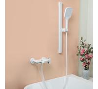 PHASAT Robinet de Baignoire Cascade Mural avec Tringle de Douche Réglable, Mitigeur Baignoire avec Douchette À 3 Fonctions, Robinet Mitigeur pour Salle de Bains en Laiton Blanc PTBW16E