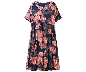 PHAVN Robe d'été en soie, robe longue ample au-dessus du genou, vêtements pour maman d'âge moyen et personnes âgées, bleu, XXL