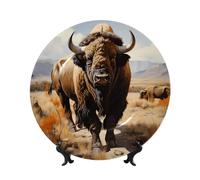 PHAYAH Assiette décorative en porcelaine anglaise avec support de présentation pour la maison et le bureau Motif troupeau de bison d'Amérique du Nord 17,8 cm