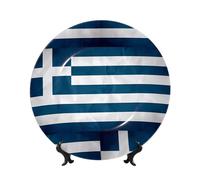 PHAYAH Assiette décorative en porcelaine anglaise avec support de présentation pour la maison et le bureau - Motif drapeau grec - 15,2 cm