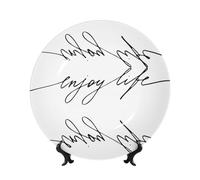 PHAYAH Assiette décorative en porcelaine anglaise avec support Enjoy Life - Texte noir manuscrit pour bureau, cuisine, table, décoration murale - 17,8 cm
