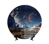 PHAYAH Assiette décorative en porcelaine anglaise avec support imprimé planète extraterrestre pour bureau, cuisine, table, décoration murale à suspendre 15,2 cm