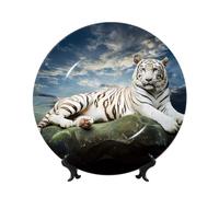 PHAYAH Assiette décorative en porcelaine anglaise avec support, tigre majestueux reposant sur un rocher avec motif ciel nuageux pour bureau, cuisine, table, décoration murale, 25,4 cm