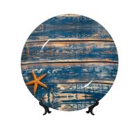 PHAYAH Assiette décorative en porcelaine anglaise avec support, vieille étoile de mer en bois, impression d'été, pour bureau, cuisine, table, décoration murale, 20,3 cm