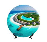PHAYAH Assiette décorative ronde en porcelaine anglaise avec support de présentation pour la maison et le bureau - Motif paysage des Maldives