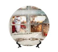 PHAYAH Assiettes décoratives en porcelaine anglaise avec support - Motif de rebord de fenêtre de Noël - Assiette ronde pour cuisine, salle à manger, armoire à vin, décoration d'intérieur - 20,3 cm