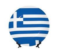PHAYAH Assiettes décoratives rondes en porcelaine anglaise avec support Motif drapeau grec pour cuisine, salle à manger, armoire à vin, décoration d'intérieur, 15,2 cm