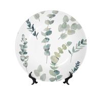 PHAYAH Assiettes décoratives rondes en porcelaine anglaise avec support Motif feuilles d'eucalyptus pour cuisine, salle à manger, armoire à vin, décoration d'intérieur, 20,3 cm